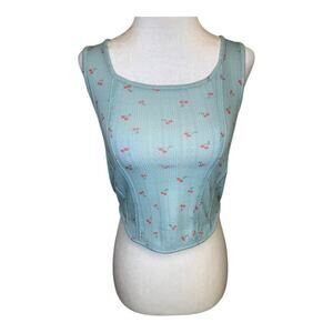 Freshman Girl’s Large Floral Corset Top Blue Cherry Design NWOT